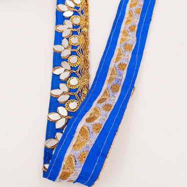 Royal Blue Silk Trim With Mirrors Embellishments and Gold Embroidery, Approx. 34mm Wide, Decorative Trim Costume Trim Fashion Trim By Yard